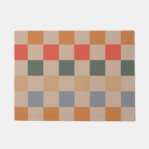 Blue Beige Orange Brown Checkered Gingham Pattern Doormat