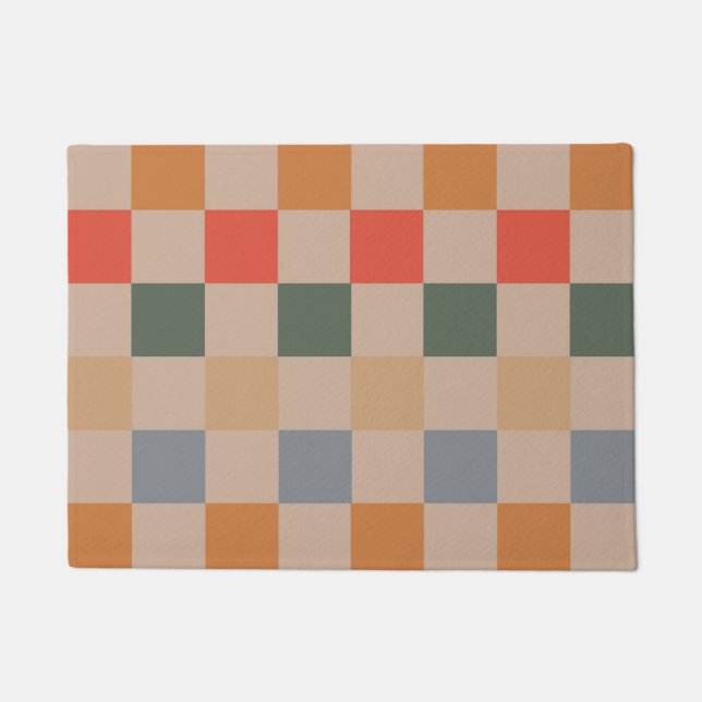 Blue Beige Orange Brown Checkered Gingham Pattern Doormat (Front)