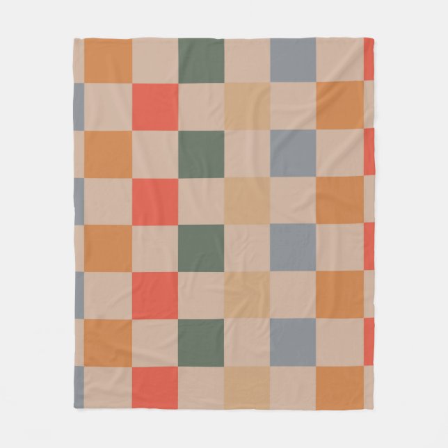 Blue Beige Orange Brown Checkered Gingham Pattern Fleece Blanket (Front)
