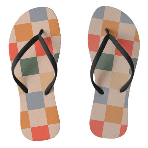 Blue Beige Orange Brown Checkered Gingham Pattern Flip Flops