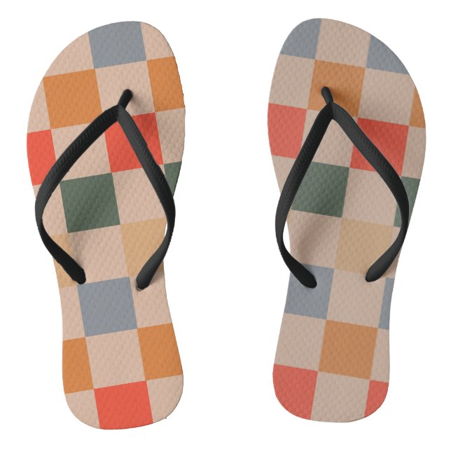 Blue Beige Orange Brown Checkered Gingham Pattern Flip Flops (Footbed)