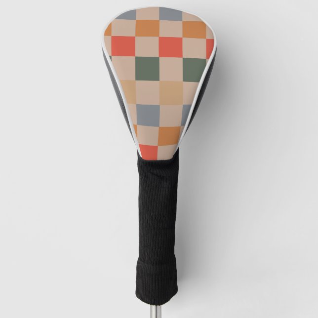 Blue Beige Orange Brown Checkered Gingham Pattern Golf Head Cover (Front)