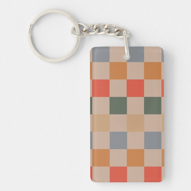 Blue Beige Orange Brown Checkered Gingham Pattern Keychain (Front)
