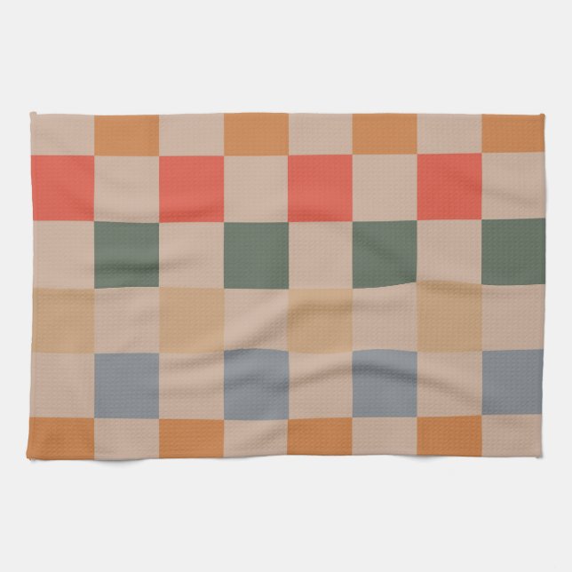 Blue Beige Orange Brown Checkered Gingham Pattern Kitchen Towel (Horizontal)