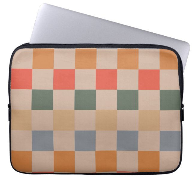 Blue Beige Orange Brown Checkered Gingham Pattern Laptop Sleeve (Front)