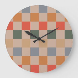 Blue Beige Orange Brown Checkered Gingham Pattern Large Clock