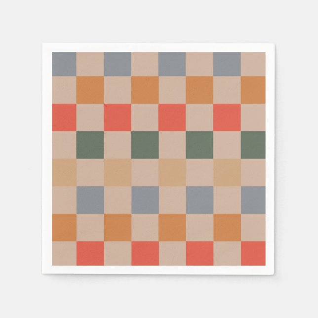 Blue Beige Orange Brown Checkered Gingham Pattern Napkins (Front)