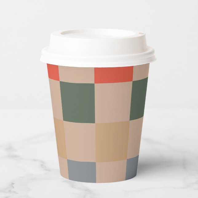 Blue Beige Orange Brown Checkered Gingham Pattern Paper Cups (Front)