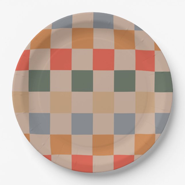 Blue Beige Orange Brown Checkered Gingham Pattern Paper Plates (Front)