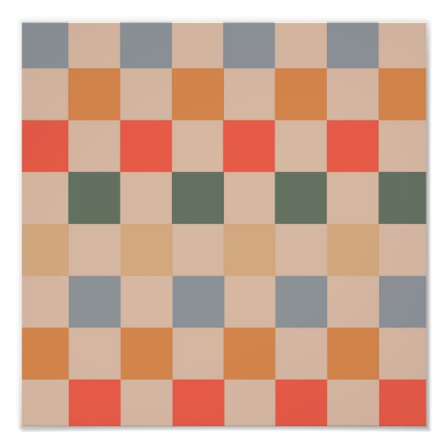 Blue Beige Orange Brown Checkered Gingham Pattern Photo Print (Front)