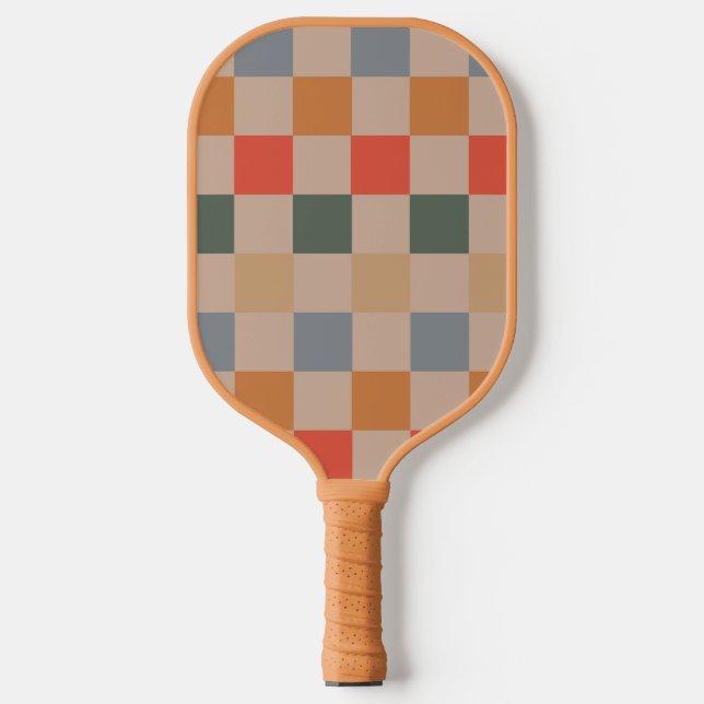 Blue Beige Orange Brown Checkered Gingham Pattern Pickleball Paddle (Front)