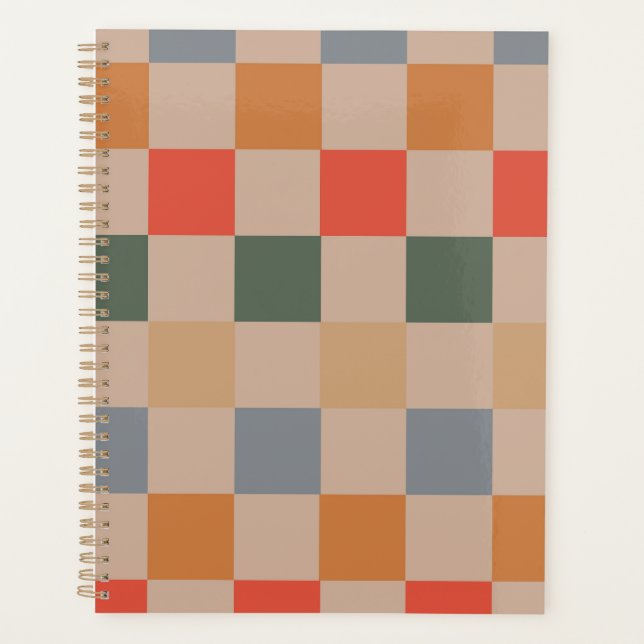 Blue Beige Orange Brown Checkered Gingham Pattern Planner (Front)