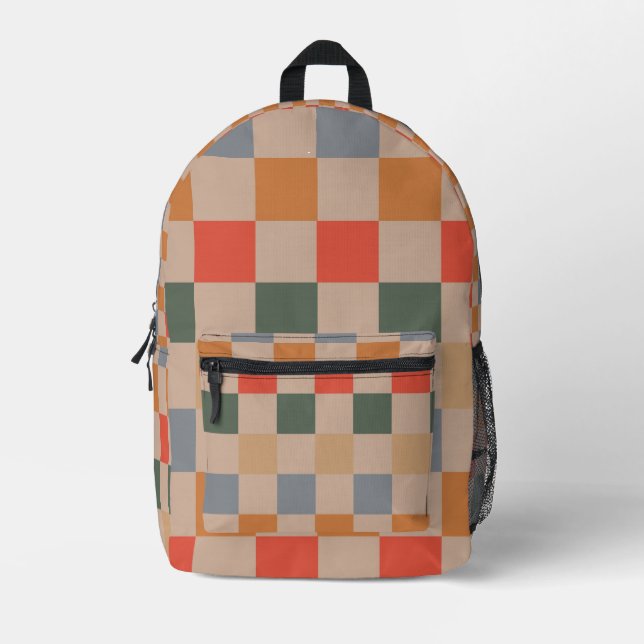 Blue Beige Orange Brown Checkered Gingham Pattern Printed Backpack (Front)