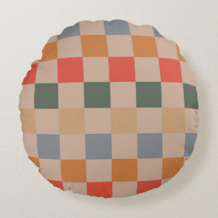 Blue Beige Orange Brown Checkered Gingham Pattern Round Pillow
