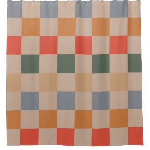 Blue Beige Orange Brown Checkered Gingham Pattern Shower Curtain