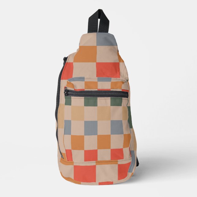 Blue Beige Orange Brown Checkered Gingham Pattern Sling Bag (Front)