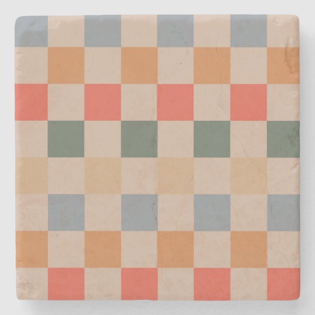 Blue Beige Orange Brown Checkered Gingham Pattern Stone Coaster (Front)