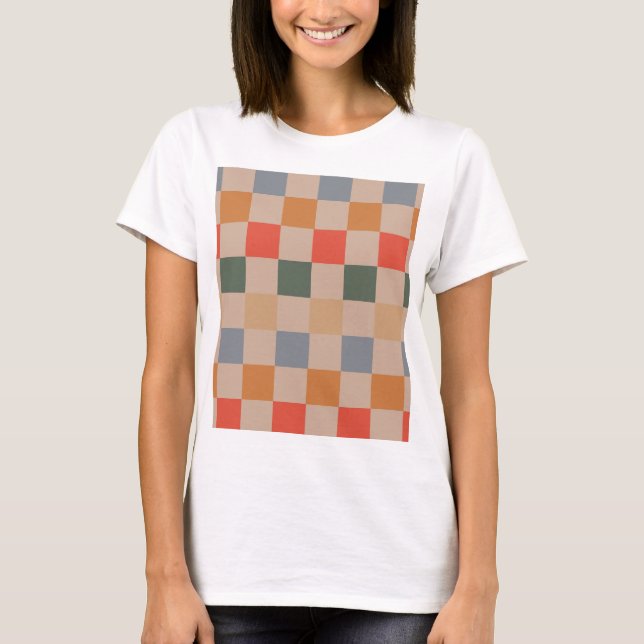 Blue Beige Orange Brown Checkered Gingham Pattern T-Shirt (Front)