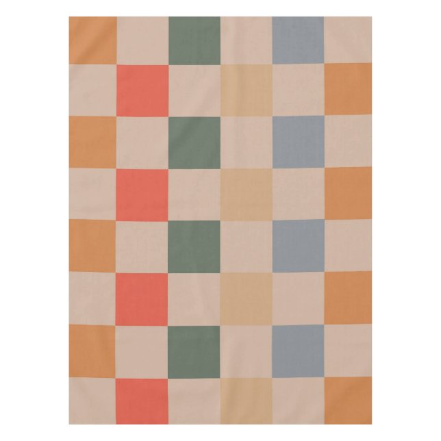 Blue Beige Orange Brown Checkered Gingham Pattern Tablecloth (Front)