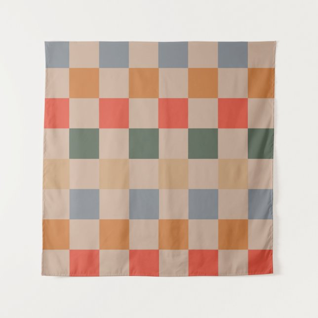 Blue Beige Orange Brown Checkered Gingham Pattern Tapestry (Front)