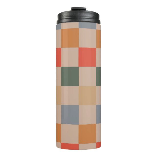 Blue Beige Orange Brown Checkered Gingham Pattern Thermal Tumbler (Front)
