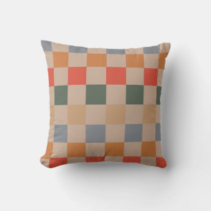 Blue Beige Orange Brown Checkered Gingham Pattern Throw Pillow
