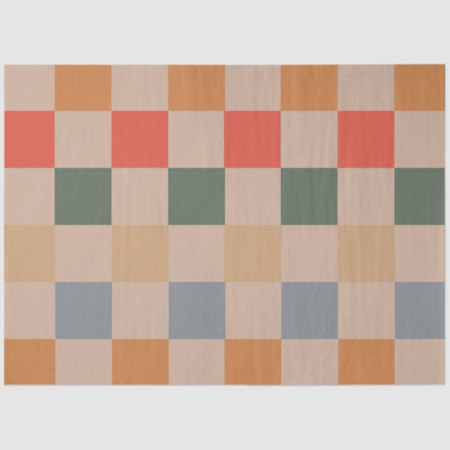Blue Beige Orange Brown Checkered Gingham Pattern Tissue Paper (Front)
