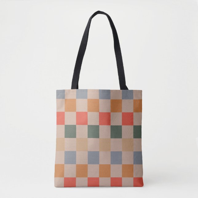 Blue Beige Orange Brown Checkered Gingham Pattern Tote Bag (Front)