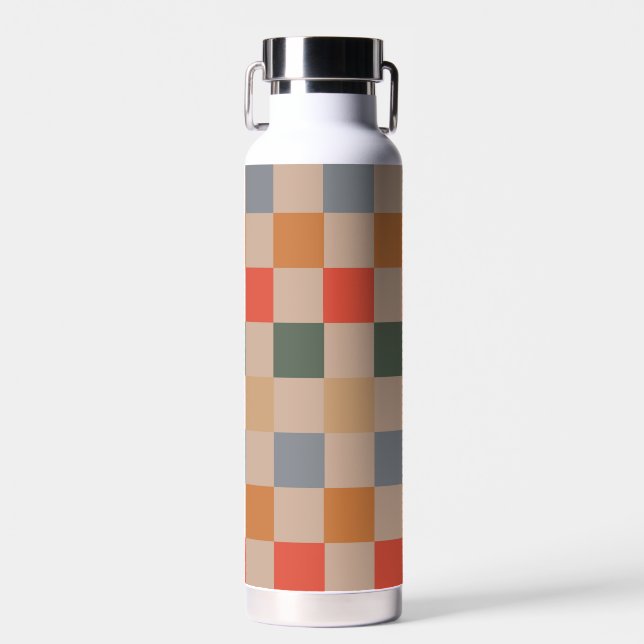 Blue Beige Orange Brown Checkered Gingham Pattern Water Bottle (Front)