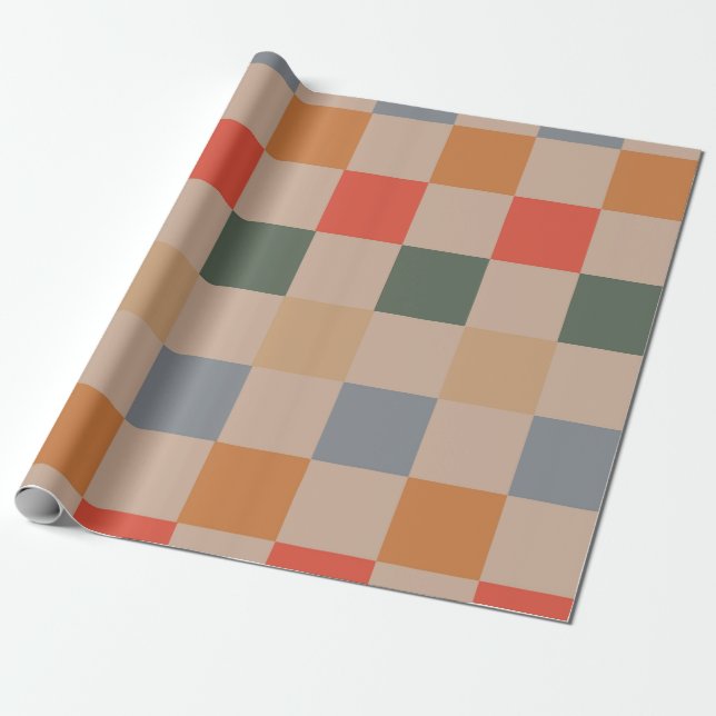 Blue Beige Orange Brown Checkered Gingham Pattern Wrapping Paper (Unrolled)