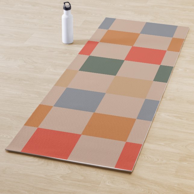Blue Beige Orange Brown Checkered Gingham Pattern Yoga Mat (In Situ)