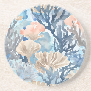 Blue Beige Orange Coral Reef Watercolor Coastal Coaster