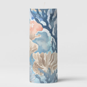 Blue Beige Orange Coral Reef Watercolor Coastal Pillar Candle