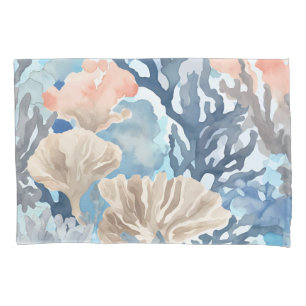 Blue Beige Orange Coral Reef Watercolor Coastal Pillow Case