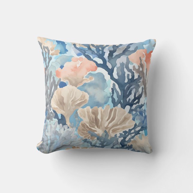 Blue Beige Orange Coral Reef Watercolor Coastal Throw Pillow (Front)
