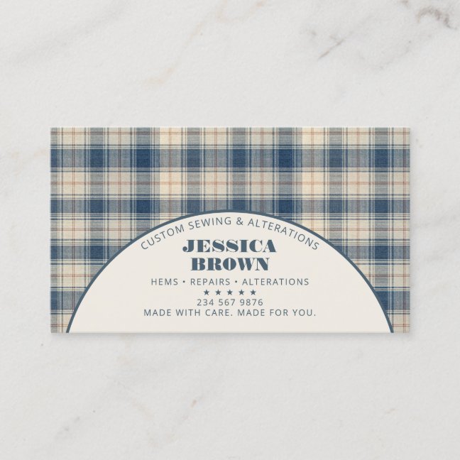 Blue Beige Plaid Rustic Modern Business Card