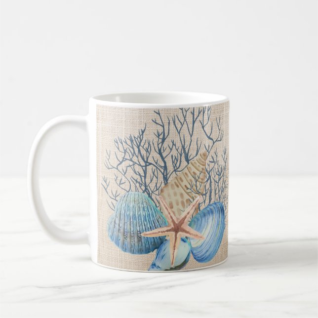 Blue Beige Seashells Coral Starfish  Coffee Mug (Left)