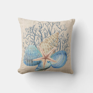 Blue Beige Seashells Starfish Coral Sealife Shells Throw Pillow