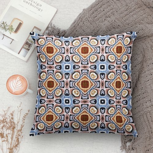 Blue Beige Taupe Dark Brown Tribe Art Throw Pillow