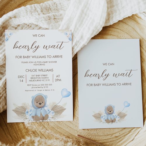 Blue Beige We Can Bearly Wait Baby Shower Invitation