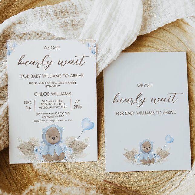 Blue Beige We Can Bearly Wait Baby Shower Invitation (Boy we can bearly wait for baby to arrive baby shower invitation featuring a blue flowers.)