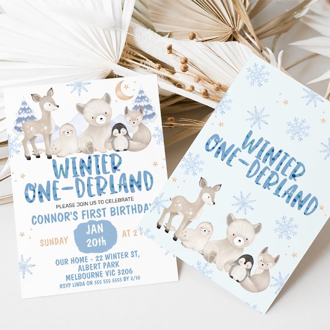 Blue Beige Winter Onederland Birthday Invitation (Blue and beige woodland animals winter onederland first birthday invitation for a baby boy.)
