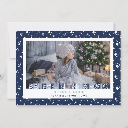 Blue Believe In the Magic Stars Photo Holiday Card