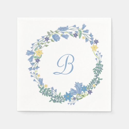 Blue Bells Floral Wreath Wedding Paper Napkins