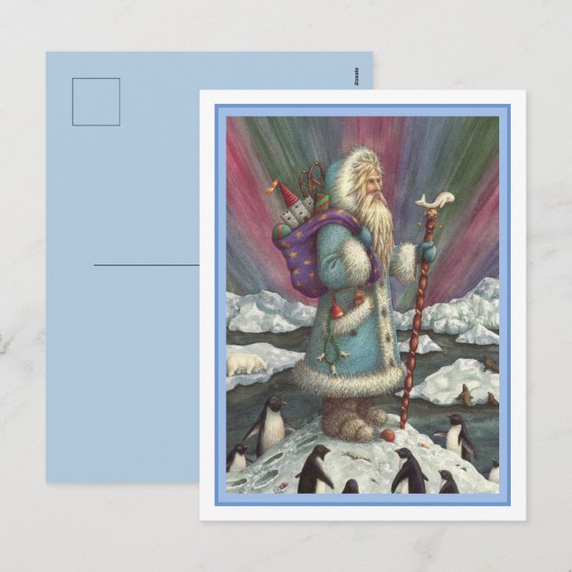 BLUE BELSNICKLE, NORTHERN LIGHTS & PENGUINS HOLIDAY POSTCARD (Front/Back)