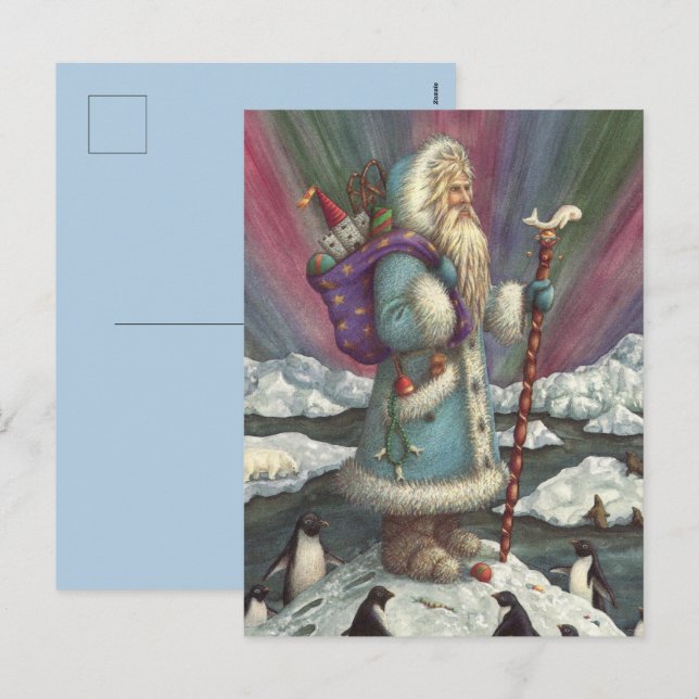 BLUE BELSNICKLE, NORTHERN LIGHTS & PENGUINS HOLIDAY POSTCARD (Front/Back)