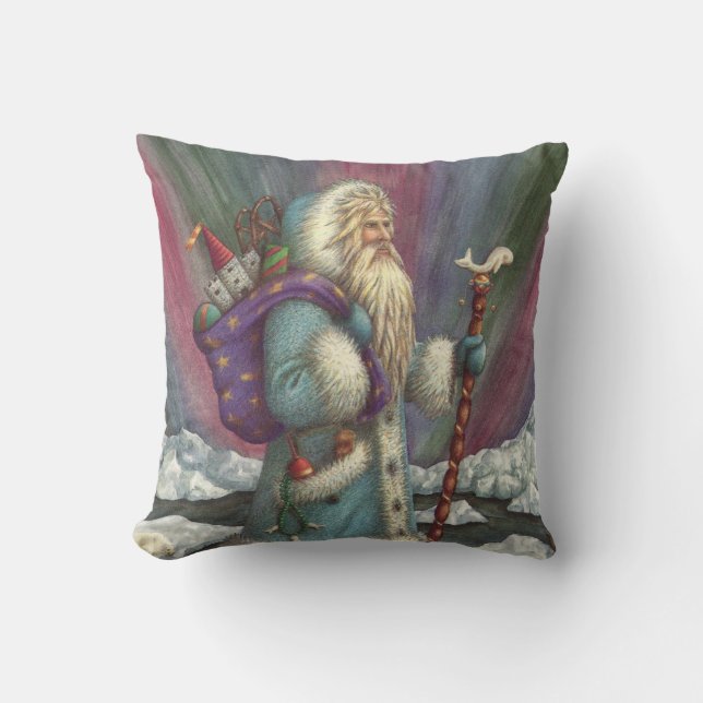 BLUE BELSNICKLE, NORTHERN LIGHTS & PENGUINS THROW PILLOW (Front)