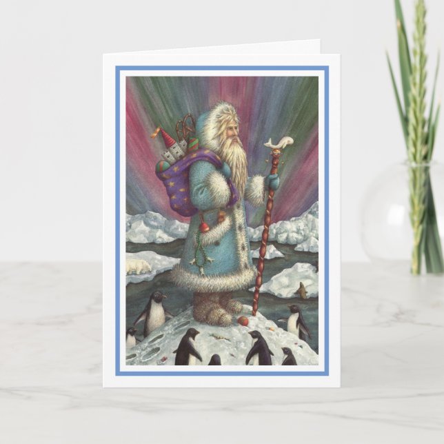BLUE BELSNICKLE, NORTHERN LIGHTS & PENGUINS Verse Holiday Card (Front)