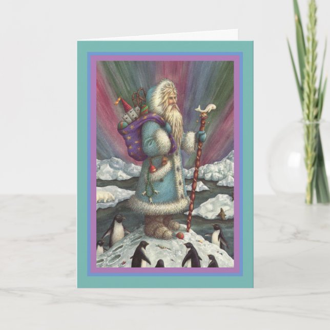 BLUE BELSNICKLE, NORTHERN LIGHTS & PENGUINS Verse Holiday Card (Front)