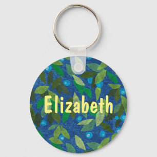 Blue Berries Minimal Floral Pattern Customized Tex Keychain